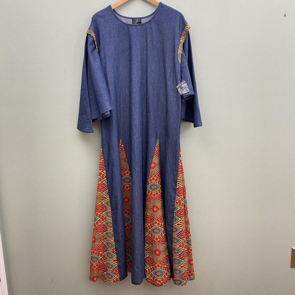ESY Studio EY Maxi Dress Womens Medium Chambray Bell Sleeve Dashiki Print Blue